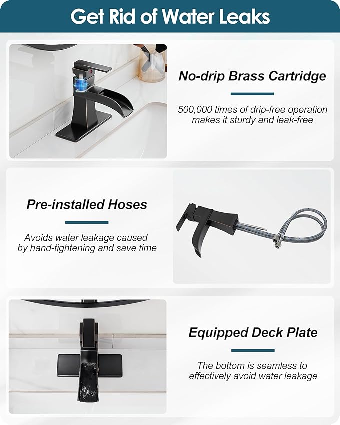 Bronze Bathroom Faucet 1 Hole or 3 Hole (4 Inch), Brass Waterfall Bathroom Faucets Single Handle, Farmhouse Faucet for Bathroom Sink with Deck Plate & Water Hoses, Not Equipped Pop-up Drain