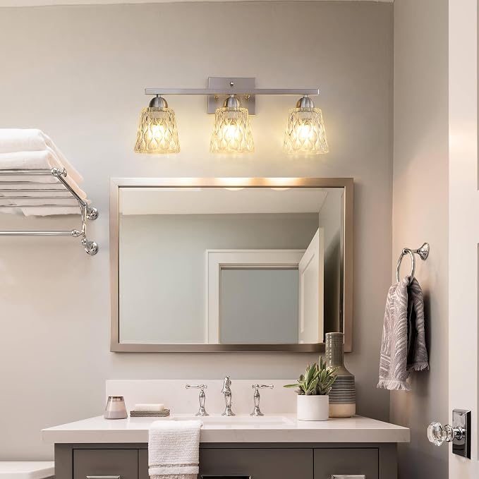 Mecgirn Stainless Steel Bathroom Vanity Light Over Mirror, 3 Light Brushed Nickel Bathroom Light Fixtures with Textured Glass Shades, Modern Vanity Lighting Wall Mount