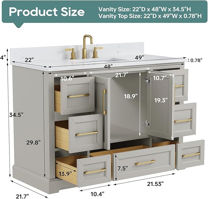 48 Inch Bathroom Vanity with Sink Combo, Solid Wood Frame with Mable Top &Backspalsh, Fully-Assembled with Soft-Closing Doors & 7 Drawers, Greige