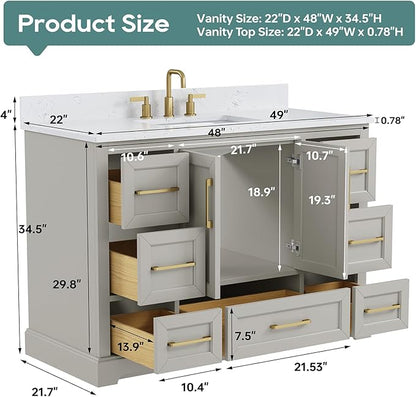 48 Inch Bathroom Vanity with Sink Combo, Solid Wood Frame with Mable Top &Backspalsh, Fully-Assembled with Soft-Closing Doors & 7 Drawers, Greige