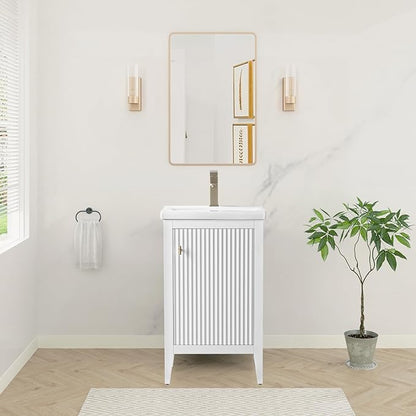 HOMEBEYOND 20" Bathroom Vanity with Ceramic Sink, Solid Wood Free-Standing Vanities Cabinet, Ceramic Top, Golden Brushed Handware & Soft Closing Door, White