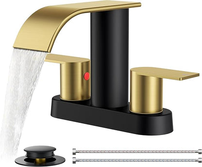 FORIOUS Bathroom Faucet 4 Inch Centerset 2 Hole Waterfall Black and Gold | Bathroom Sink Faucet 2 Handles with Pop up Drain and cUPC Hose, Lead-Free, Suitable for RV Vanity Lavatory and Restroom