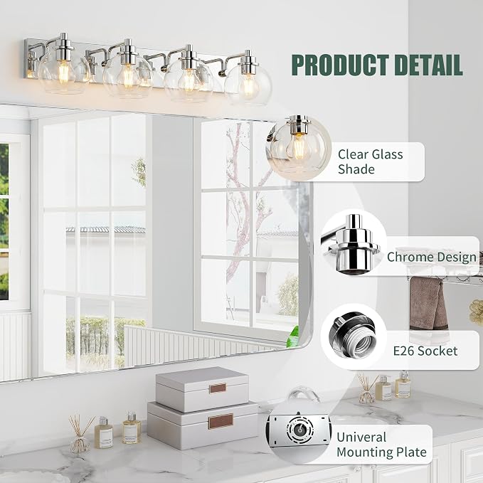 4 Light Bathroom Light Fixtures-Chrome Bathroom Vanity Lights, Modern Vanity Lights 4-Light Bathroom Lighting Fixtures Over Mirror with Clear Glass Globe Shade