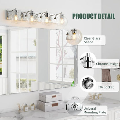 4 Light Bathroom Light Fixtures-Chrome Bathroom Vanity Lights, Modern Vanity Lights 4-Light Bathroom Lighting Fixtures Over Mirror with Clear Glass Globe Shade