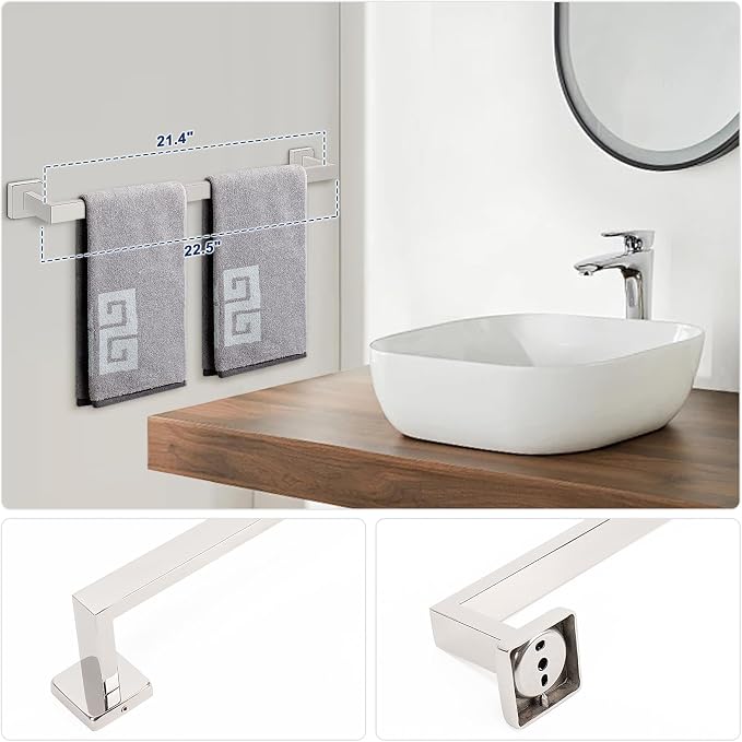 NearMoon 5 Pieces Bathroom Hardware Set 304 Stainless Steel, Square Towel Rack Kit - 24" Towel Rod + Towel Ring + Toilet Paper Holder + 2 Robe Hooks, Wall Mounted Bath Accessories (Chrome Finish)