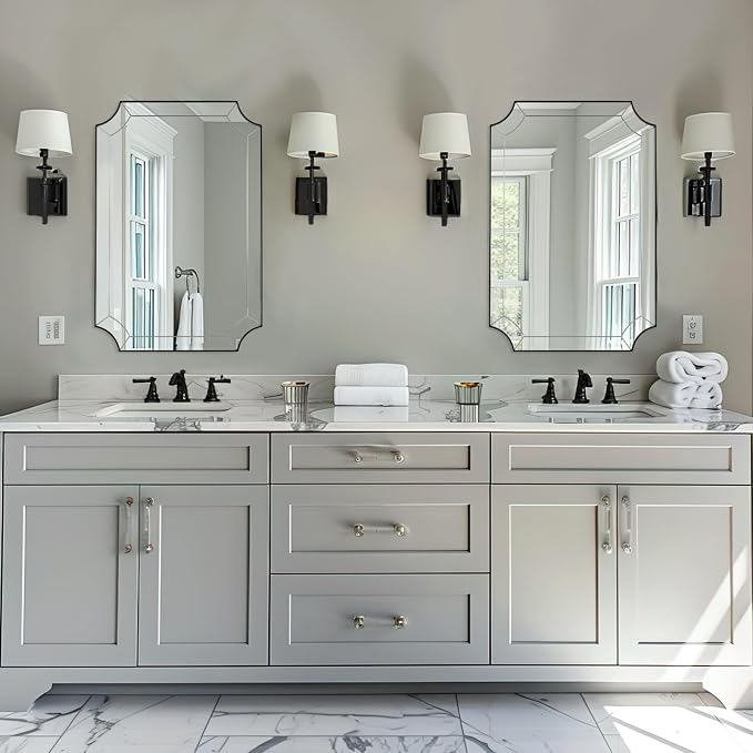 24x36 Scalloped Bathroom Mirror, Black Rectangle Wall Mirror with Scallop Edge, Anti-Rust Curved Wall Mirror, Unique Design Ideal for Bathroom Remodel, Wall Mounted Horizontal & Vertical