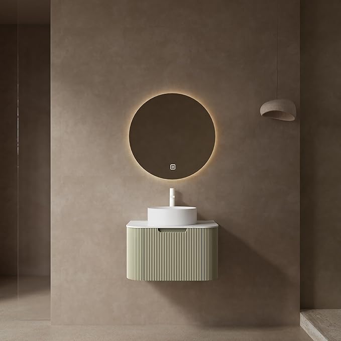 Yayzy 24" Floating Bathroom Vanity with Sink, Solid Wood Fluted Cabinet, White Round Ceramic Basin & Faux Marble Top, Soft-Close Drawer, Pre-Assembled, Light Green