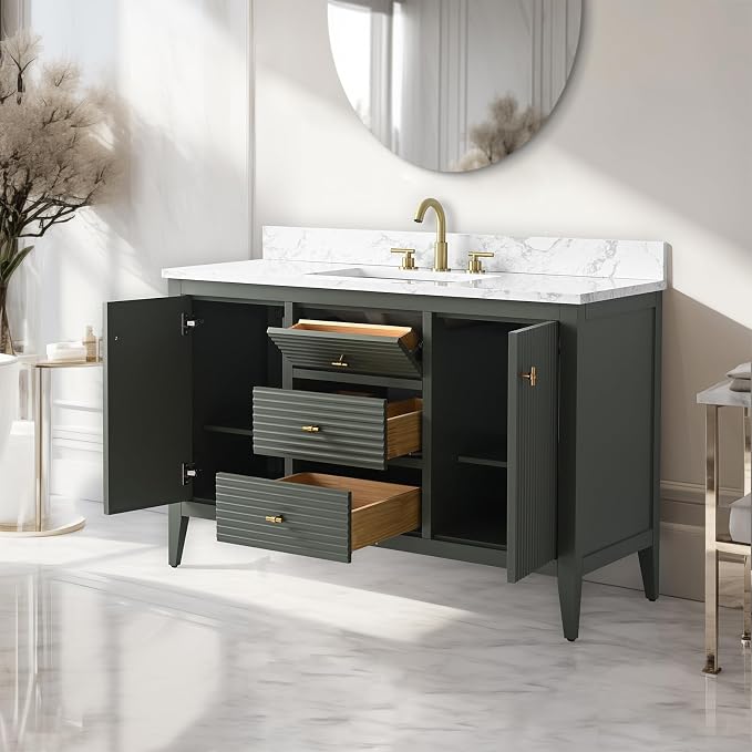 Vanity Art 48 inch Bathroom Vanity with Single Sink & Ceramic Top, Vanity Cabinet with Soft-Closing Door, Solid Wood Frame, Linear Pattern, Vintage Green, Golden Brushed Handware VA9148-VG-GB