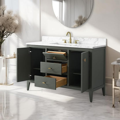 Vanity Art 48 inch Bathroom Vanity with Single Sink & Ceramic Top, Vanity Cabinet with Soft-Closing Door, Solid Wood Frame, Linear Pattern, Vintage Green, Golden Brushed Handware VA9148-VG-GB