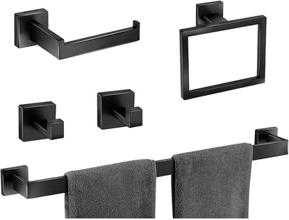 Bathroom Hardware Accessories Set 5 Pieces Matte Black Towel Bar Set, Wall Mounted Towel Rack Toilet Paper Holder Stainless Steel Bath Coat Hooks 24 Inch