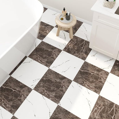 30-Pack 30 Sq.Ft Peel and Stick Floor Tiles Vinyl Matte Pattern Flooring, 12” x 12” Self Adhesive Vinyl Flooring DIY for Kitchen, Bathroom, Laundry, Brown&White Marble