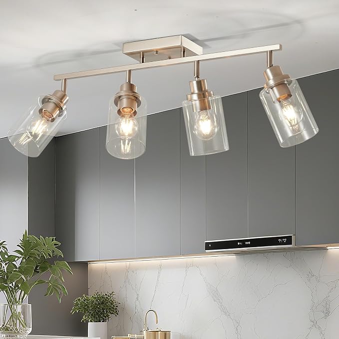 LOUSACE 4-Light Brushed Nickel Track Lighting Kit with Clear Glass, Modern Track Light Fixtures Flush Ceiling Mounted, Tracking Vanity Lighting Rotatable Spotlight for Kitchen Bathroom Accent Shop