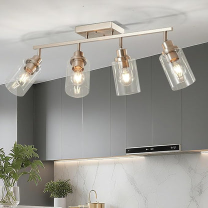 LOUSACE 4-Light Brushed Nickel Track Lighting Kit with Clear Glass, Modern Track Light Fixtures Flush Ceiling Mounted, Tracking Vanity Lighting Rotatable Spotlight for Kitchen Bathroom Accent Shop