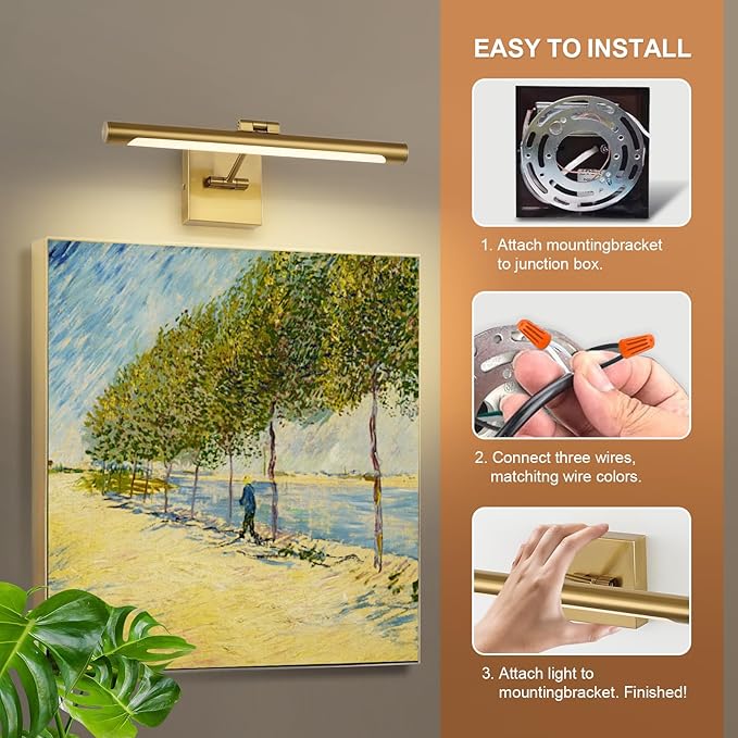 Joosenhouse LED Picture Light Fixtures Dimmable 16.53" Inch Modern Metal Artwork Hallway Lamps with Single Swing Arm, 7W (50W Eqv.), Hardwired Connection, Warm White, CRI80+, Golden-Like Brass Finish