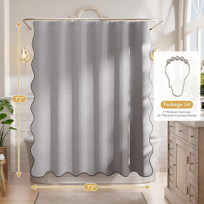 Bathway Modern Scalloped Shower Curtain Linen Textured, Light Gray Shower Curtain Set with 12 Metal Hooks, Neutral Cute Elegant Shower Curtain with Black Border for Bathroom, 72x72 Inches