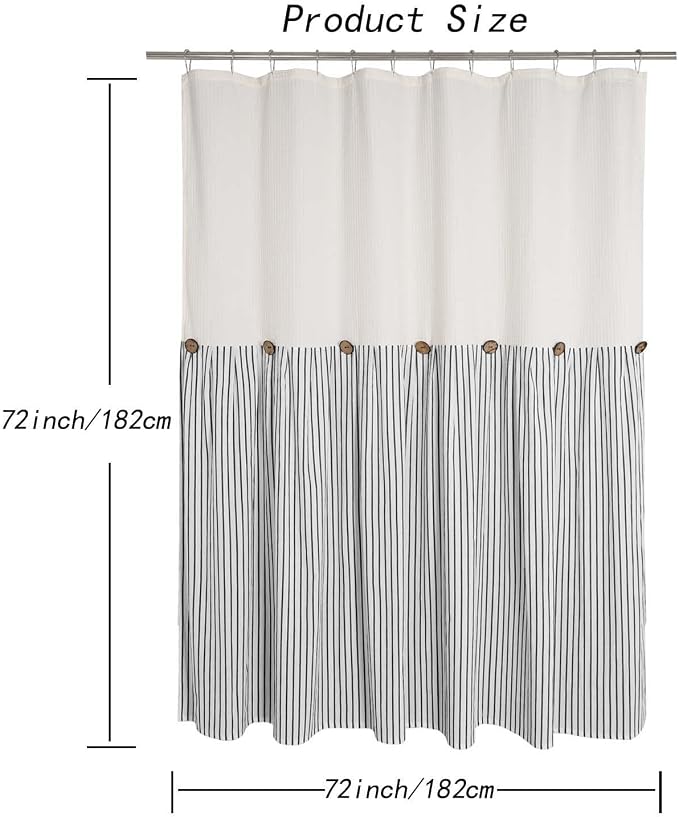 DOSLY Ides Farmhouse Shower Curtain, Beige and Black Striped, Spa Beige Waffle Weave, Button Curtain, Cotton Woven Fabric, Country, Rustic, Shabby Chic, 72x72 in, Bathroom