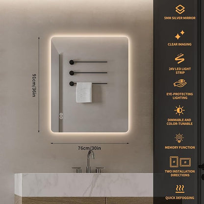 LAIYA 36"L x 30"W Rectangular LED Bathroom Mirror with Lights, HD, Anti-Fog | Dimmable LED Bathroom Mirror with Lights, Frameless Anti-Fog Vanity Mirror, HD Silver, Horizontal/Vertical Installation.