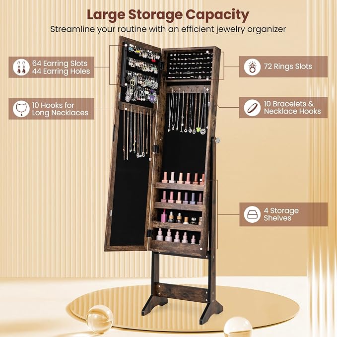MAT EXPERT Jewelry Armoire Cabinet w/Full-Length Mirror, Jewelry Organizer Standing Mirror w/ 4 Shelves, 3 Adjustable Angles, Anti-toppling, Jewelry Cabinet for Bedroom, Living Room, Rustic Brown