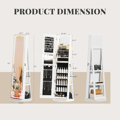 Mirror Jewelry Cabinet Standing, Jewelry Armoire | with Full-Length LED Mirror and Adjustable Lights, 360° Swivel Jewelry Organizer Storage