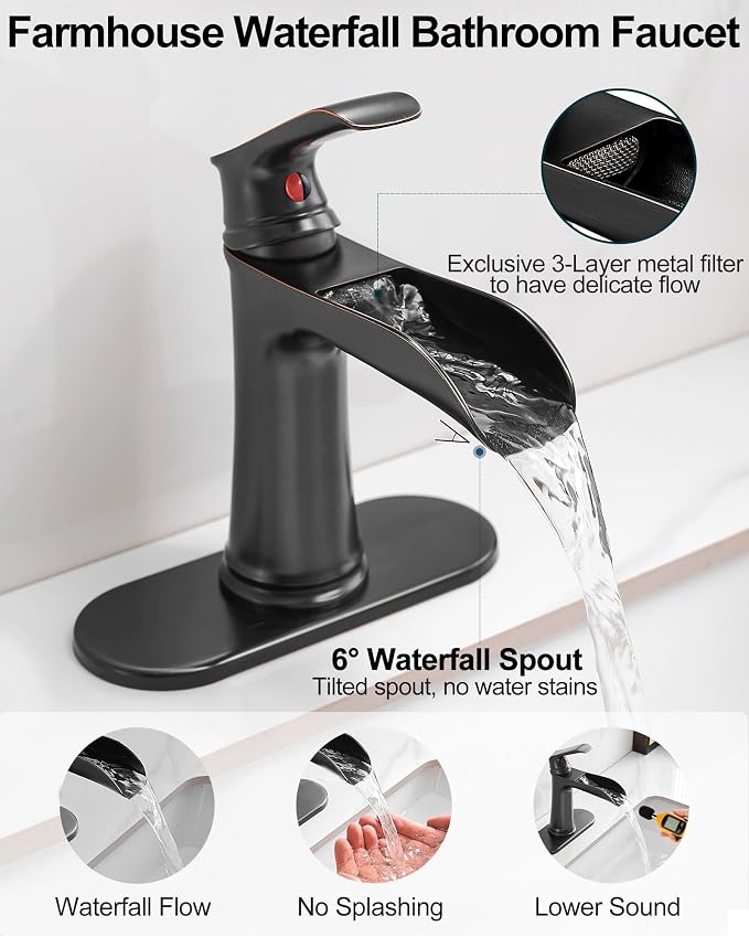 Brass Waterfall Faucet, Oil Rubbed Bronze Bathroom Faucet, 4 Inch Bathroom Sink Faucet 1 Hole or 3 Holes, 1 Handle Bathroom Faucets with Pop Up Drain Deck Plate Supply Hose for Antique Farmhouse