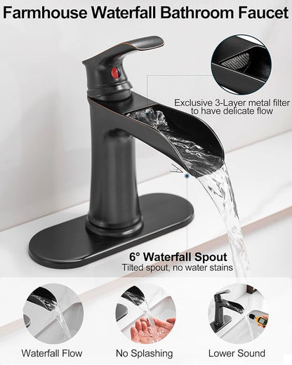 Brass Waterfall Faucet, Oil Rubbed Bronze Bathroom Faucet, 4 Inch Bathroom Sink Faucet 1 Hole or 3 Holes, 1 Handle Bathroom Faucets with Pop Up Drain Deck Plate Supply Hose for Antique Farmhouse