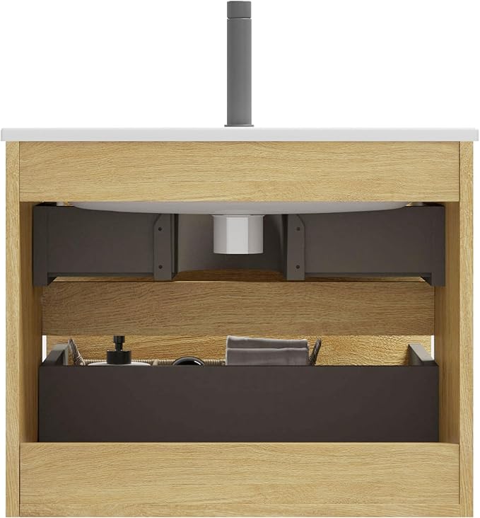24" Bathroom Vanity with Sink, Modern Floating Vanity with Double Soft Closing Drawers, Large Storage for Small Space, Natural Oak, Fully Assembled - Iris Collection