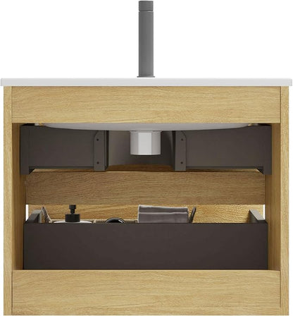 24" Bathroom Vanity with Sink, Modern Floating Vanity with Double Soft Closing Drawers, Large Storage for Small Space, Natural Oak, Fully Assembled - Iris Collection