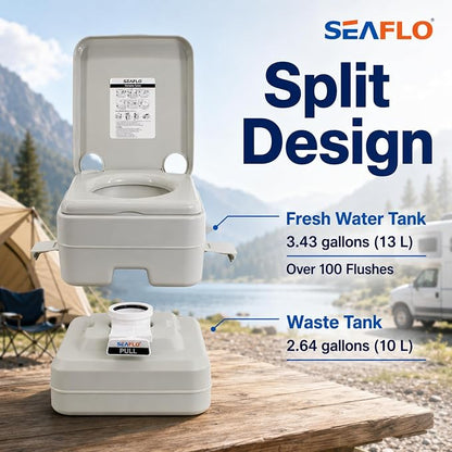 SEAFLO Premium Camping Portable Toilet - 5.8 Gallon Waste 3.43 Gall Fresh Tank (100 Flushes), 440 lbs Max Weight, Level Indicator, Sealed Waste Tank for RV, Boat, Elderly, Off-Grid, 4-Year Warranty