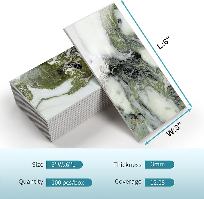 Vamos Tile 100-Piece Glossy Ice Green Peel and Stick Backsplash Tile,3''x6'' PVC Subway Tile with White Grout,Stick on Backsplash for Kitchen/Bathroom/Fireplace