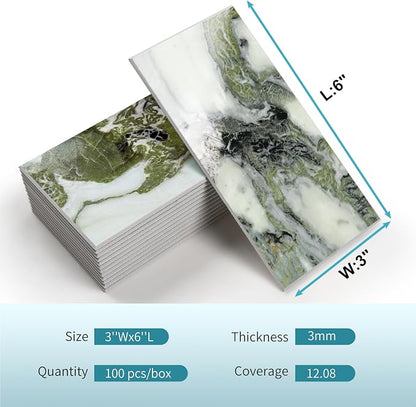 Vamos Tile 100-Piece Glossy Ice Green Peel and Stick Backsplash Tile,3''x6'' PVC Subway Tile with White Grout,Stick on Backsplash for Kitchen/Bathroom/Fireplace