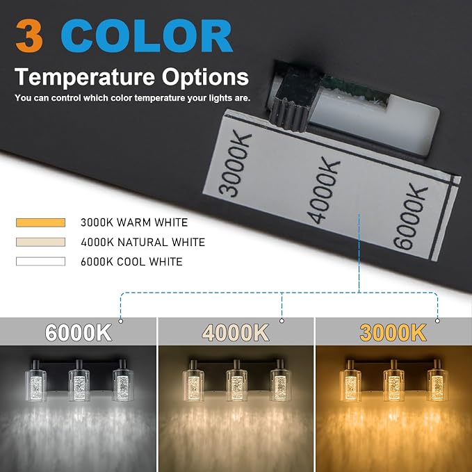 SineRise Vanity Light with 3 Color Modes (3000K/4000K/6000K), Eye Protection LED Bathroom Light Fixture, Dimmable Modern Wall Light Over Mirror with Clear Glass Shade (Black, 3-Light)