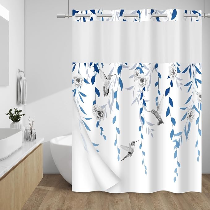 No Hook Floral Shower Curtain with Liner, Blue Grey, 71x74 | Snap in Liner, 3 in 1, Water Repellent, Easy Install, Machine Washable, Hotel Style for Bathroom, Watercolor Pattern