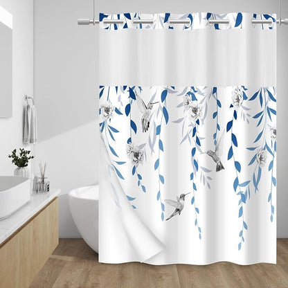 No Hook Floral Shower Curtain with Liner, Blue Grey, 71x74 | Snap in Liner, 3 in 1, Water Repellent, Easy Install, Machine Washable, Hotel Style for Bathroom, Watercolor Pattern