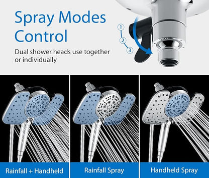 Rain Shower Head with Filtered Handheld Spray Combo Chrome 1.8 GPM | 10” Rainfall Showerhead with 9-Spray Detachable Handheld, High Pressure, ON/OFF Switch, 15-Stage Filter, Jet for Cleaning