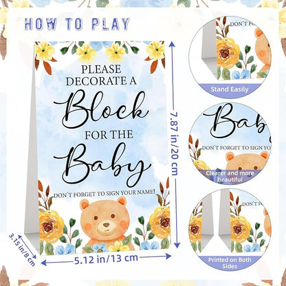 117 Pcs Baby Shower Blocks to Decorate Game Kit Includes 52 Wooden Blocks 24 Markers 1 Game Sign 40 Templates to Paint (Blue Bear)