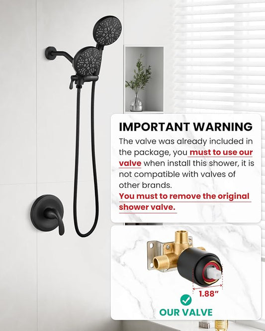 gotonovo Dual Shower Head with Valve 6 Mode Handheld Spray Matte Black | 6 Mode ABS Rain Head with Handheld Spray,2 in 1 Bathroom Trim Kit,Shower Head and Handle Set,Brass Rough-in Valve,Wall Mount