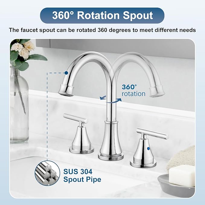 Widespread Bathroom Faucet 3 Hole, 8 inch Bathroom Sink Faucet with Pop-up Drain and Supply Lines, Two Handles, Stainless Steel, Polish Chrome
