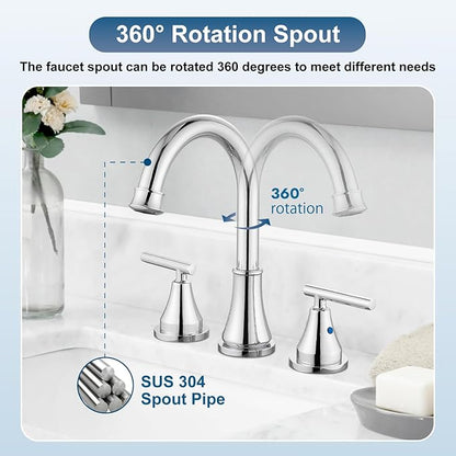 Widespread Bathroom Faucet 3 Hole, 8 inch Bathroom Sink Faucet with Pop-up Drain and Supply Lines, Two Handles, Stainless Steel, Polish Chrome