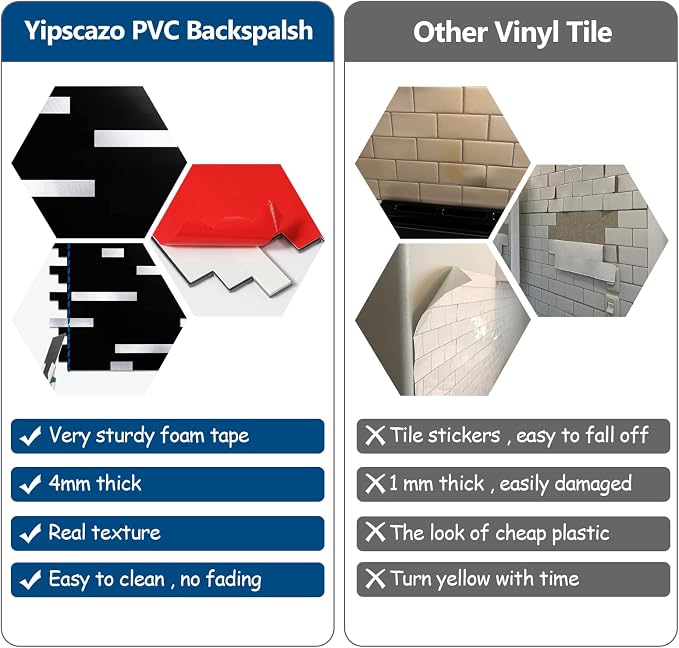 Yipscazo 5 Sheets Peel and Stick Stone Metal Tile Backsplash, Stick on Tiles for Backsplash Kitchen, Bathroom, Laundry Room, Camper, Fireplace (12'' X 12'', Polished Pure Black)