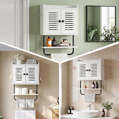 HOOBRO Medicine Cabinet, Double Doors Bathroom Wall Cabinet with Towel Bar, Adjustable Shelf, 2 Hooks, Over The Toilet Storage Cabinet, for Bedroom, Kitchen, White BW46CW01