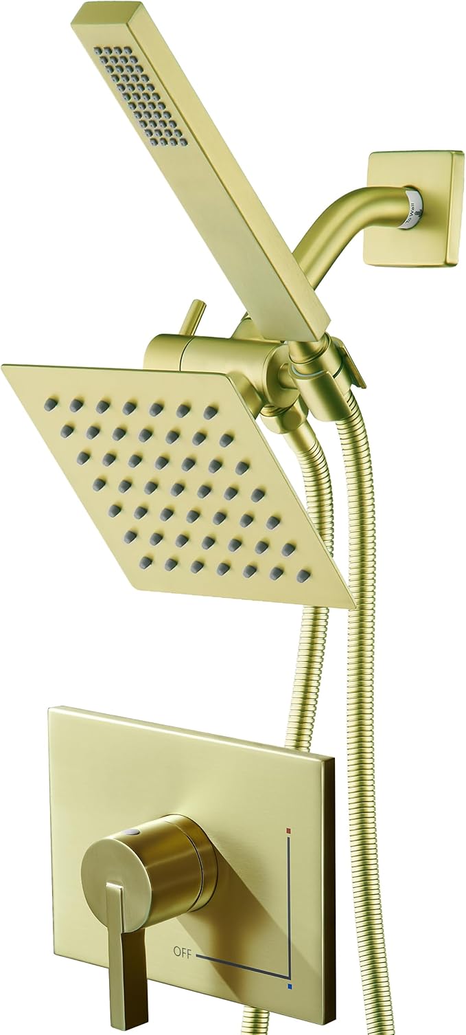 Brushed Gold Shower Fixtures - Dual shower Heads with Handheld Spray Combo, All Metal 6" Dual Head & 3-Way Diverter.