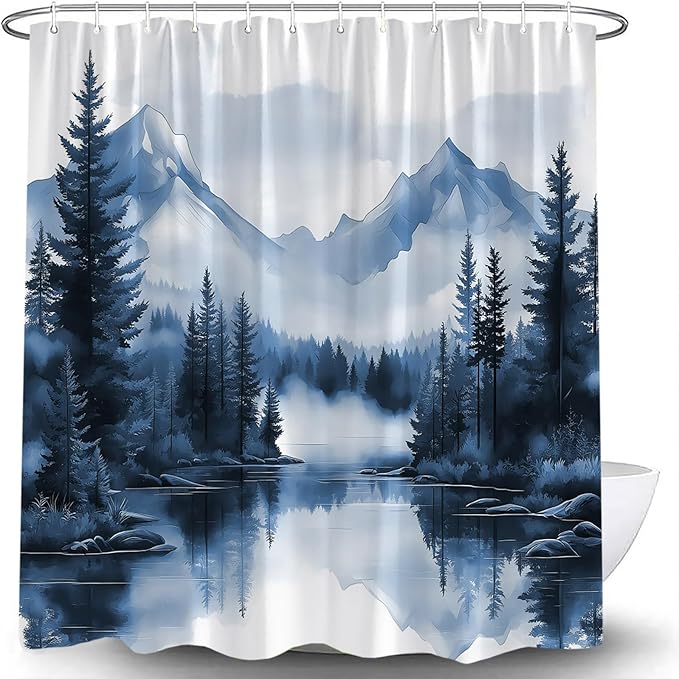 Blue Misty Forest Shower Curtain Mountain Foggy Pine Trees Landscape Watercolor Jungle Plant Rustic Nature Scenery Lake Fabric Bathroom Curtain Set with Hook