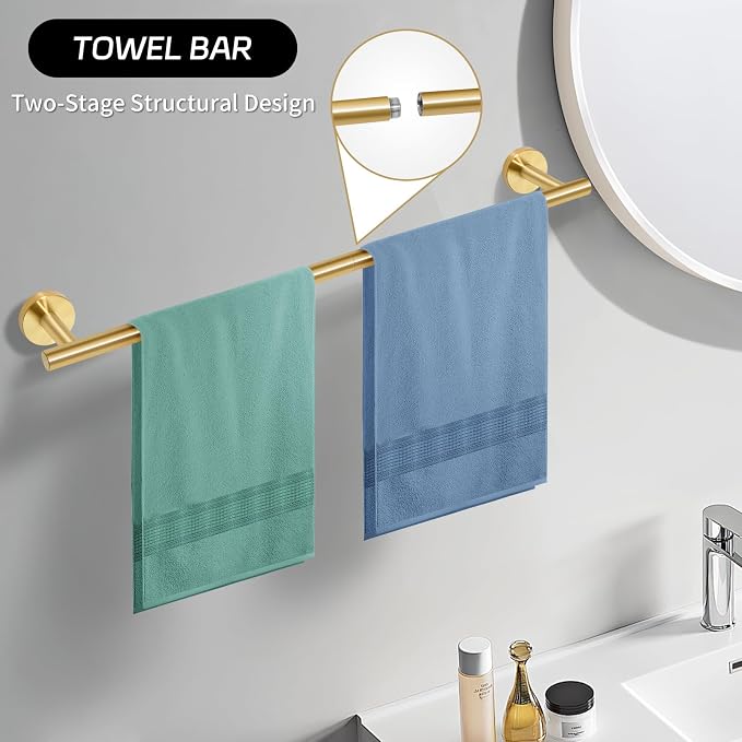 5 Piece Brushed Gold Bathroom Hardware Set with Towel Racks for Bathroom，23.6 Inch Stainless Steel Bath Towel Bar Set Wall Mounted Accessories Kit (Brushed Gold, 5-Pieces Set)