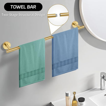 5 Piece Brushed Gold Bathroom Hardware Set with Towel Racks for Bathroom，23.6 Inch Stainless Steel Bath Towel Bar Set Wall Mounted Accessories Kit (Brushed Gold, 5-Pieces Set)