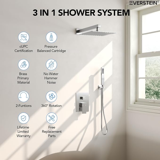 10" High-Pressure Rainfall Shower System with Handheld Spray, Wall Mount Bathroom Shower Faucet Set with Valve (Polished Chrome)