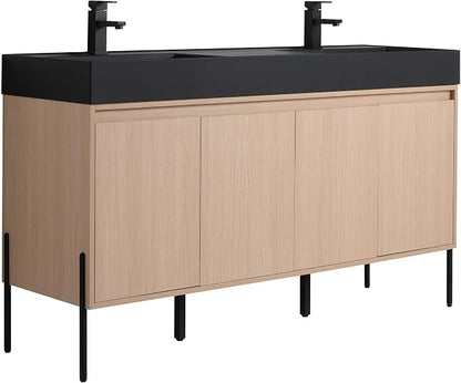 Crownpoint 60 Inch Bathroom Vanity with Sink, Black Double Sink, White Oak Finish, Full Assembly Required, Elegant Bathroom Vanities for Modern Homes