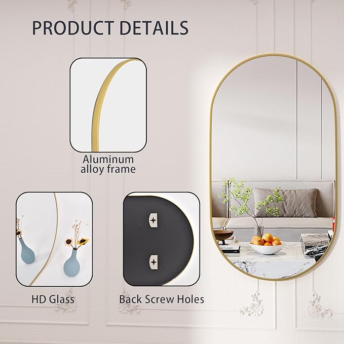 Oval Mirrors,Oval Bathroom Mirrors,20x28 Gold Mirror for Wall,Wall Mirror,Bathroom Mirrors for Over Sink(Gold)