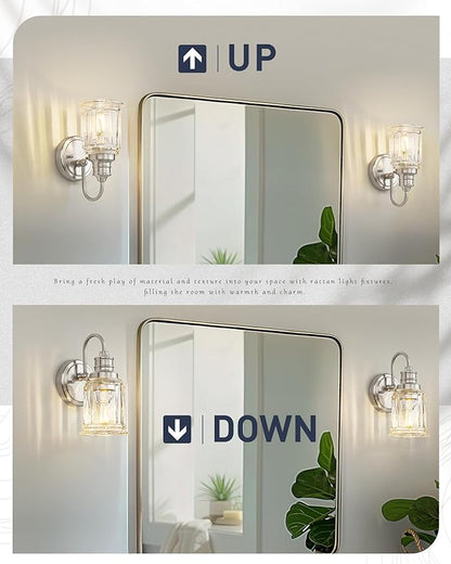 Bathroom Wall Sconces Brushed Nickel, HWH Modern Bathroom Vanity Wall Light Sconce Wall Lighting Set of 2, 1-Light Wall Sconce Bell-Shaped Fluted Glass, 5HZG106B-2 BN