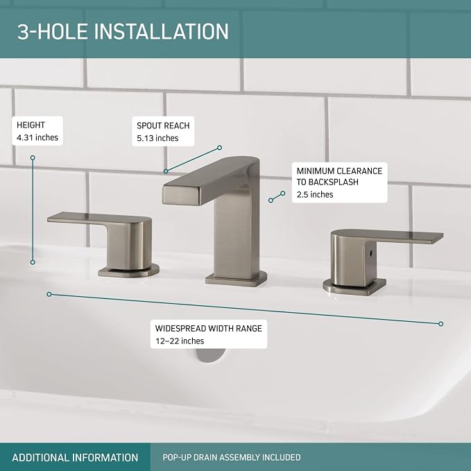 Peerless Xander Widespread Bathroom Faucet Brushed Nickel, Bathroom Faucet 3 Hole, Bathroom Sink Faucet, Drain Assembly, Brushed Nickel P3519LF-BN