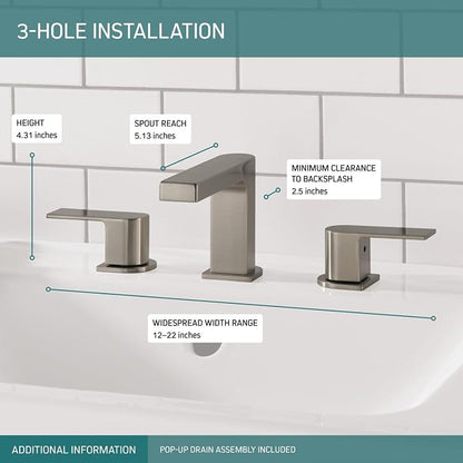Peerless Xander Widespread Bathroom Faucet Brushed Nickel, Bathroom Faucet 3 Hole, Bathroom Sink Faucet, Drain Assembly, Brushed Nickel P3519LF-BN
